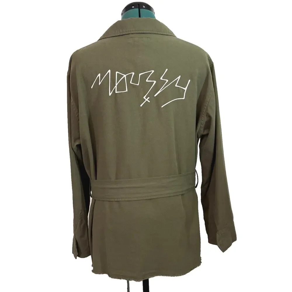 Moussy Olive Green Military Utility Button Front Jacket Logo Belted‎ Size Free